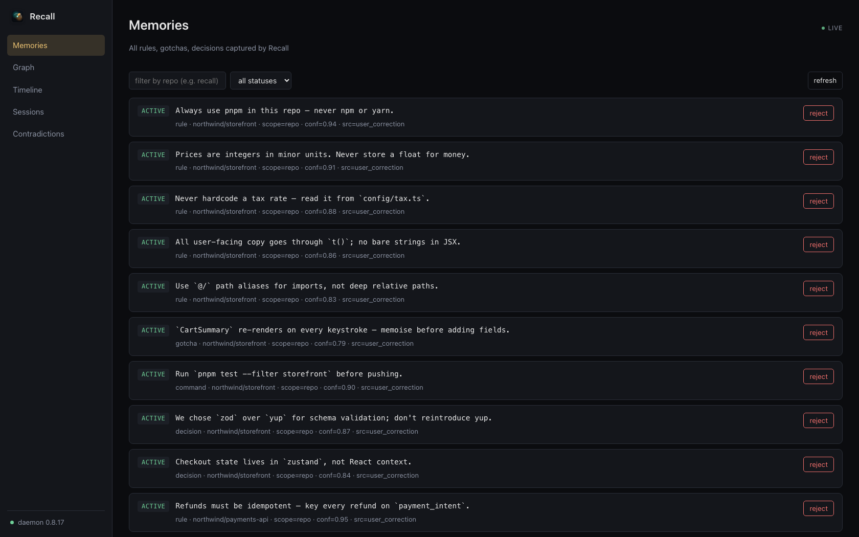Recall dashboard Memories view listing captured rules, gotchas, and decisions with type, repo, confidence, and source for each.