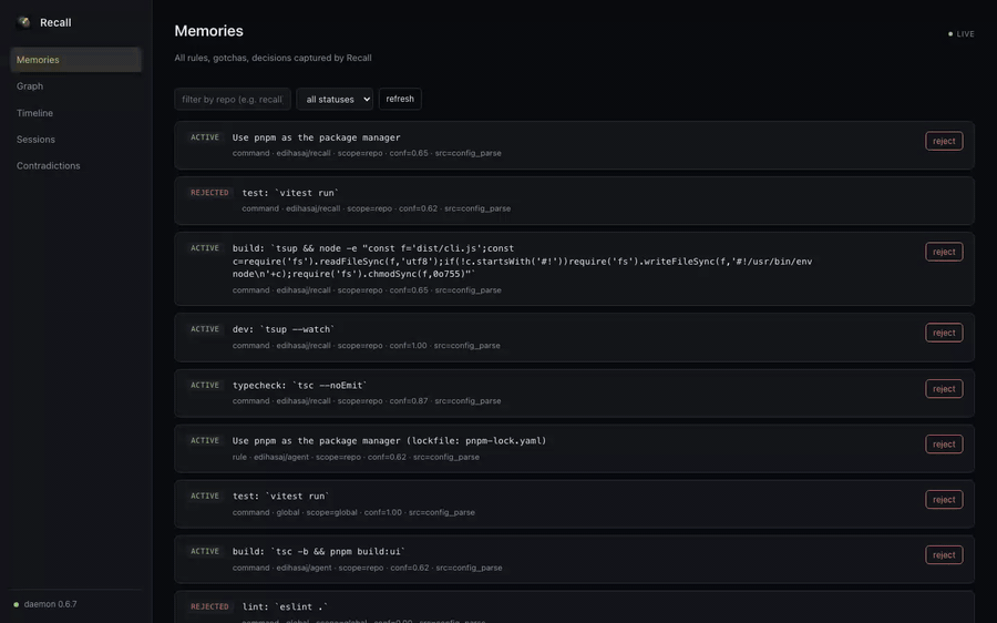 Recall web dashboard: clicking through Memories, the knowledge graph (2D and 3D), Timeline, and Sessions.