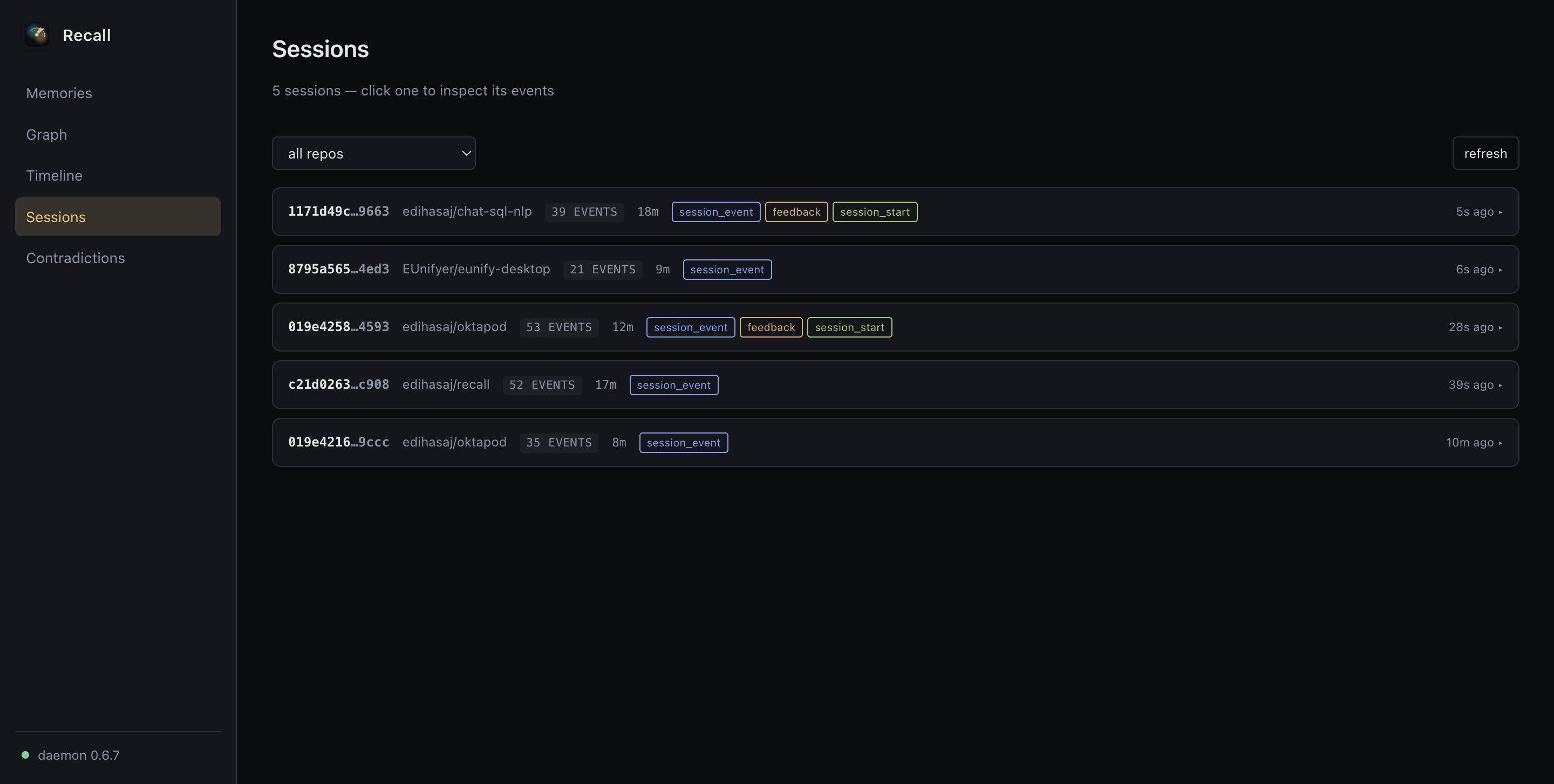 Sessions list showing per-session duration, event count, and event-type chips across multiple coding-agent runs.