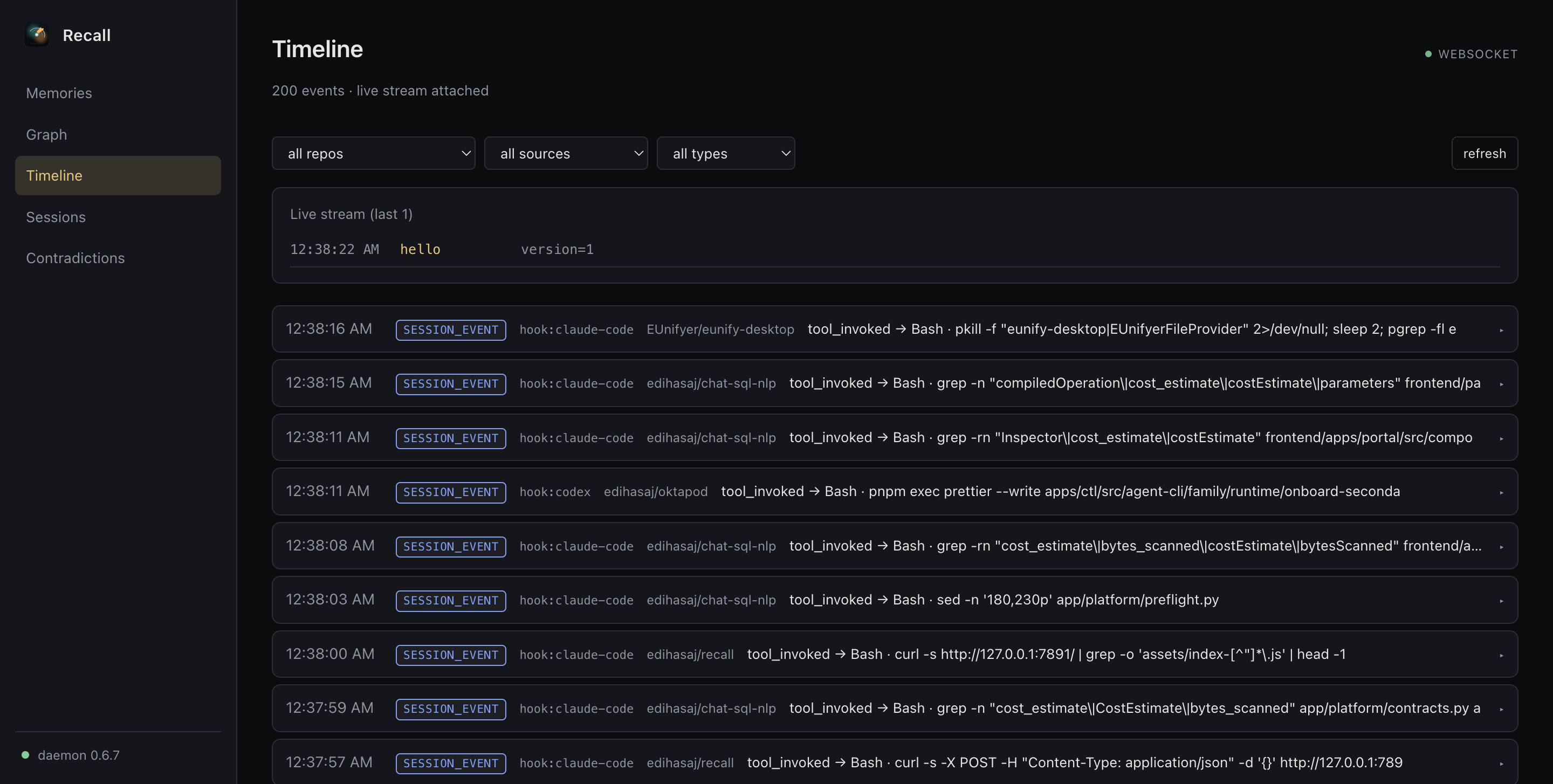Timeline of activity events from coding agents: tool calls, prompt submits, captures, with filter chips for repo/source/type.